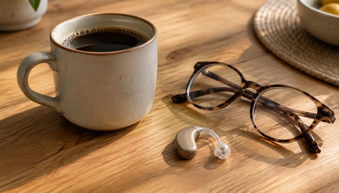 Kaffeetasse, Lesebrille und ein Hörgerät auf einem Küchentisch im Morgenlicht (Symbolbild)