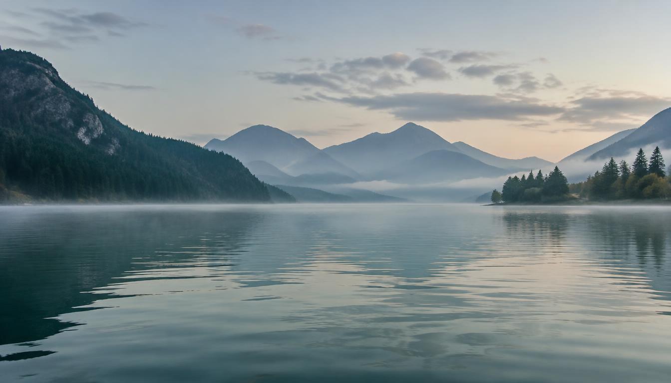 Ruhige Seeoberfläche im Morgennebel vor Bergen (Symbolbild)