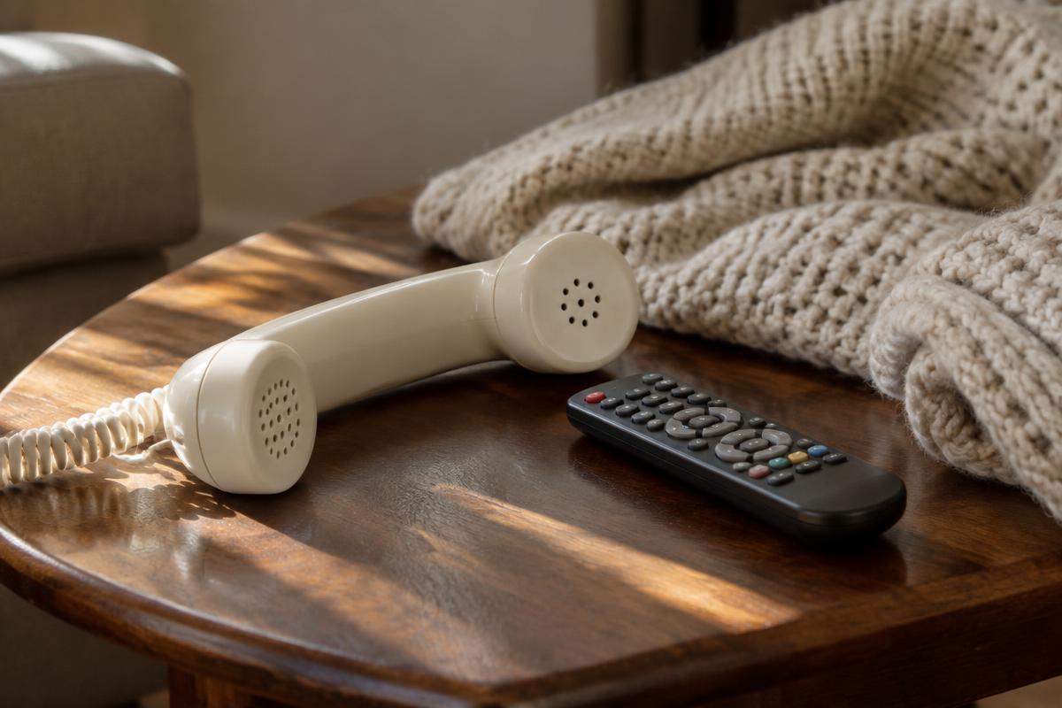 Telefonhörer und Fernbedienung auf einem Beistelltisch neben einer Strickdecke (Symbolbild)